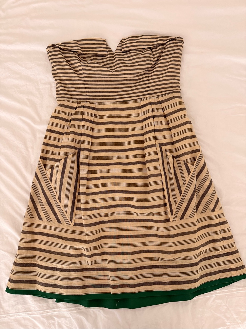 Maeve Striped Strapless Cotton Dress in Beige and Black